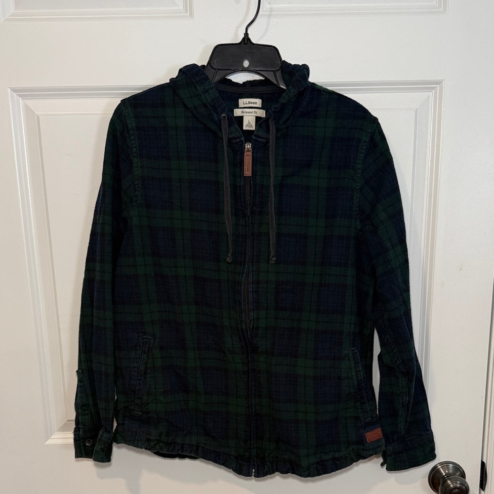 L.L. Bean Flannel Dark Green and Navy Checkered Hoodie